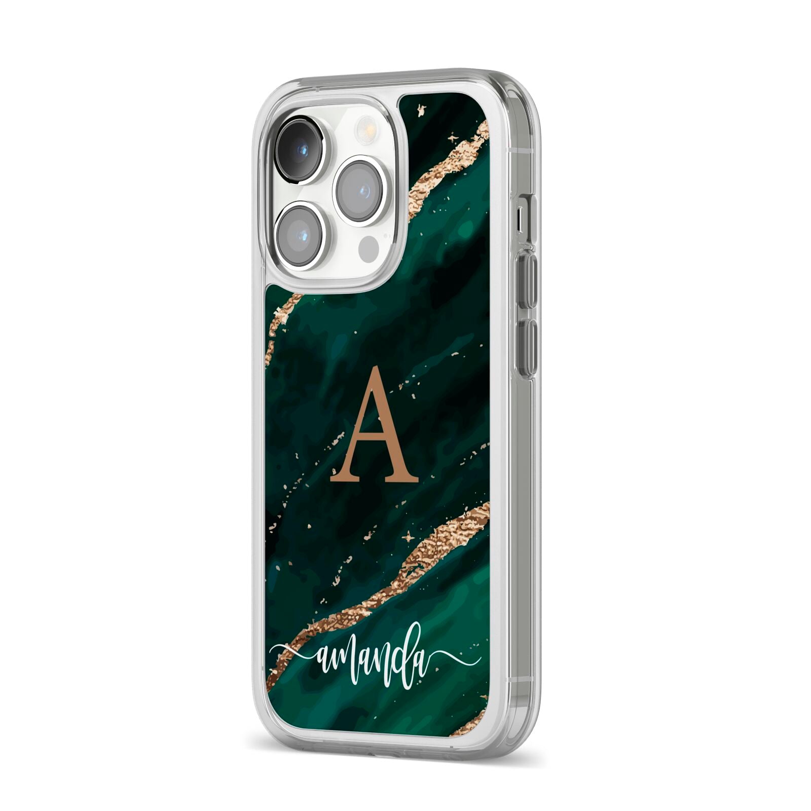 Green Marble iPhone 14 Pro Clear Tough Case Silver Angled Image