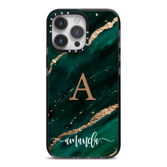 Green Marble iPhone 14 Pro Max Black Impact Case on Silver phone