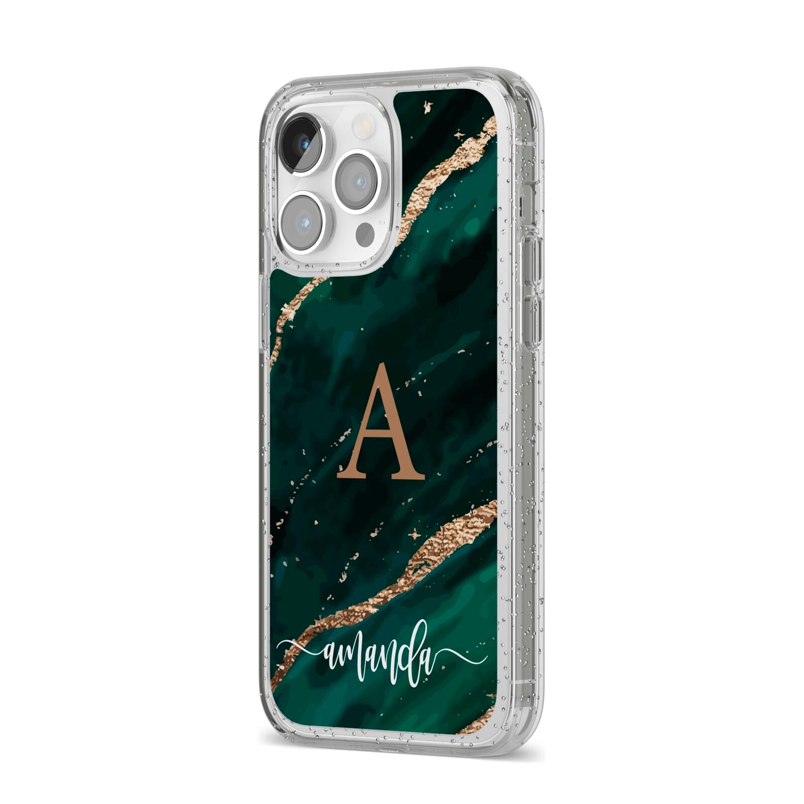 Green Marble iPhone 14 Pro Max Glitter Tough Case Silver Angled Image
