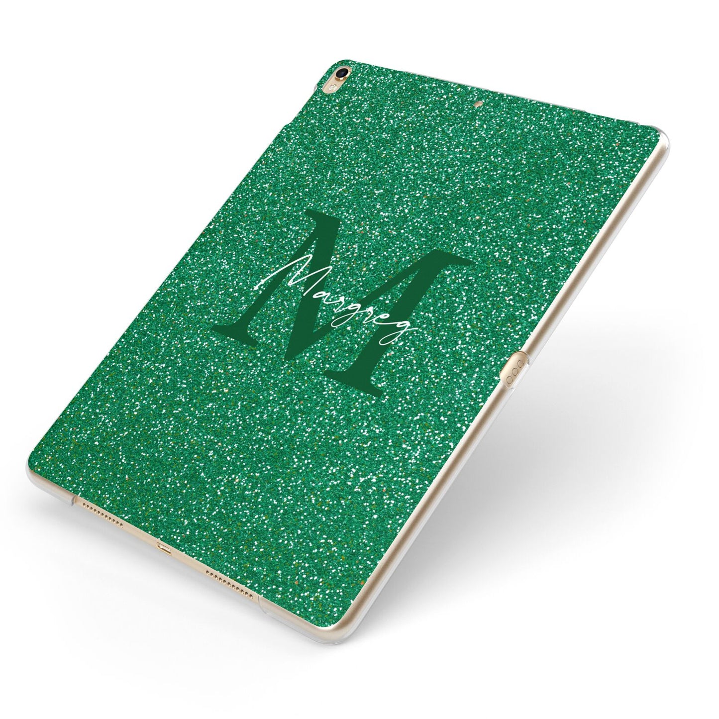 Green Monogram Apple iPad Case on Gold iPad Side View