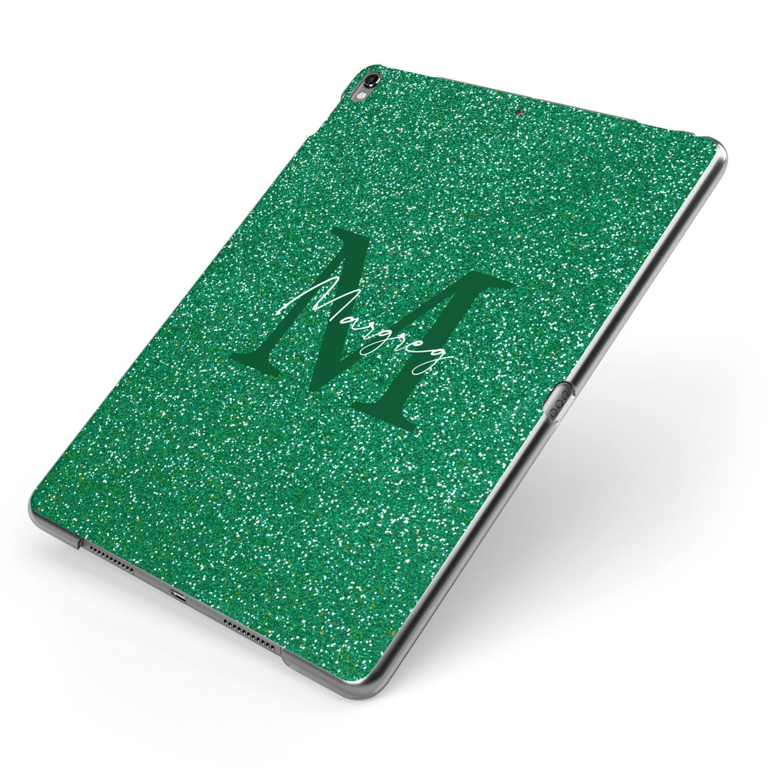 Green Monogram Apple iPad Case on Grey iPad Side View