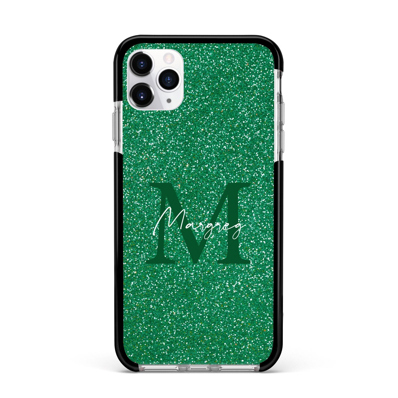 Green Monogram Apple iPhone 11 Pro Max in Silver with Black Impact Case