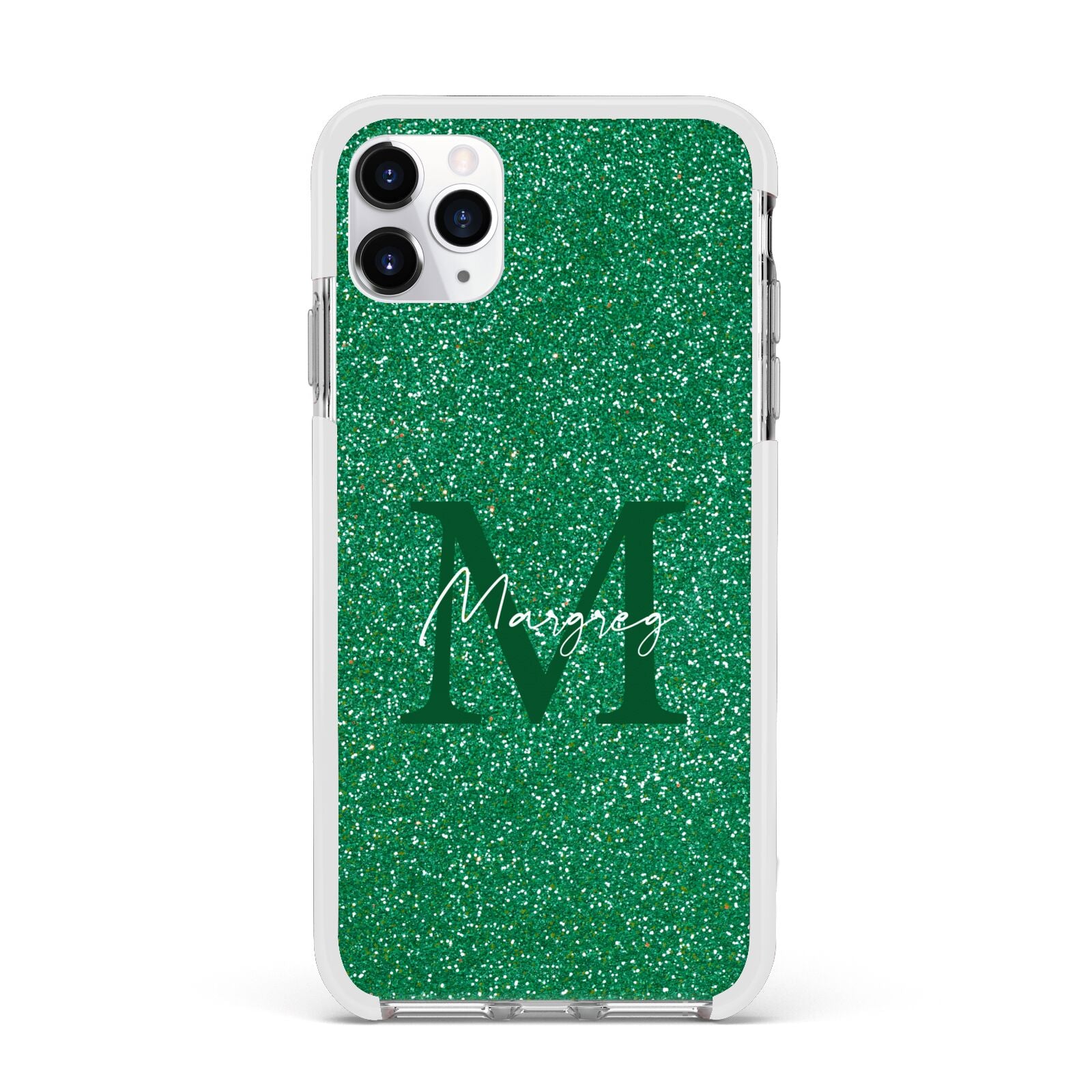 Green Monogram Apple iPhone 11 Pro Max in Silver with White Impact Case
