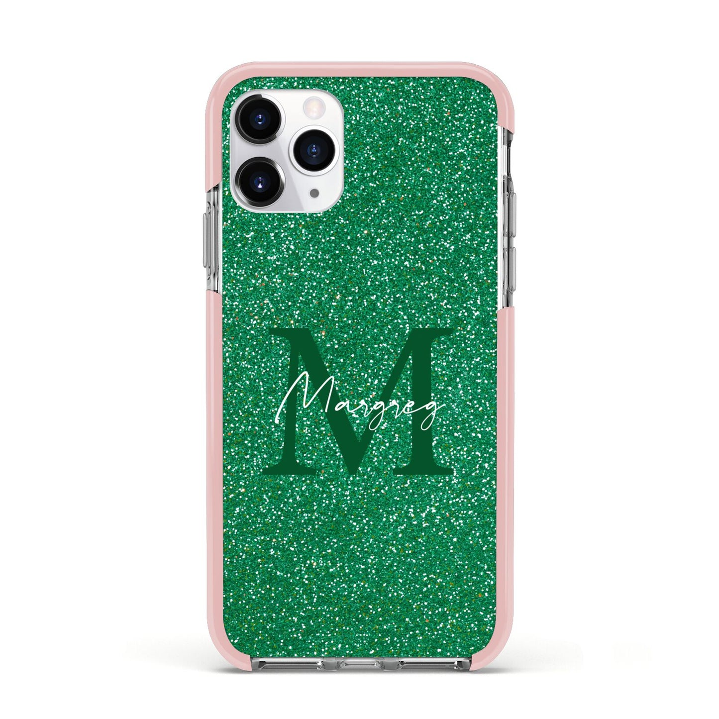 Green Monogram Apple iPhone 11 Pro in Silver with Pink Impact Case