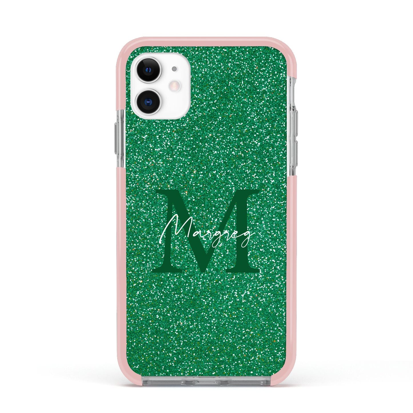 Green Monogram Apple iPhone 11 in White with Pink Impact Case