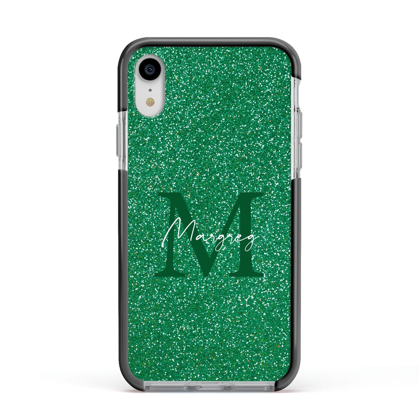 Green Monogram Apple iPhone XR Impact Case Black Edge on Silver Phone