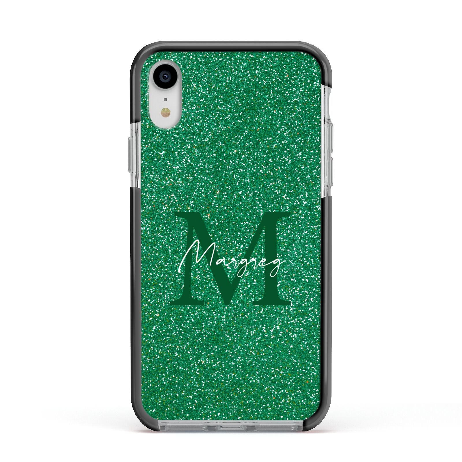 Green Monogram Apple iPhone XR Impact Case Black Edge on Silver Phone