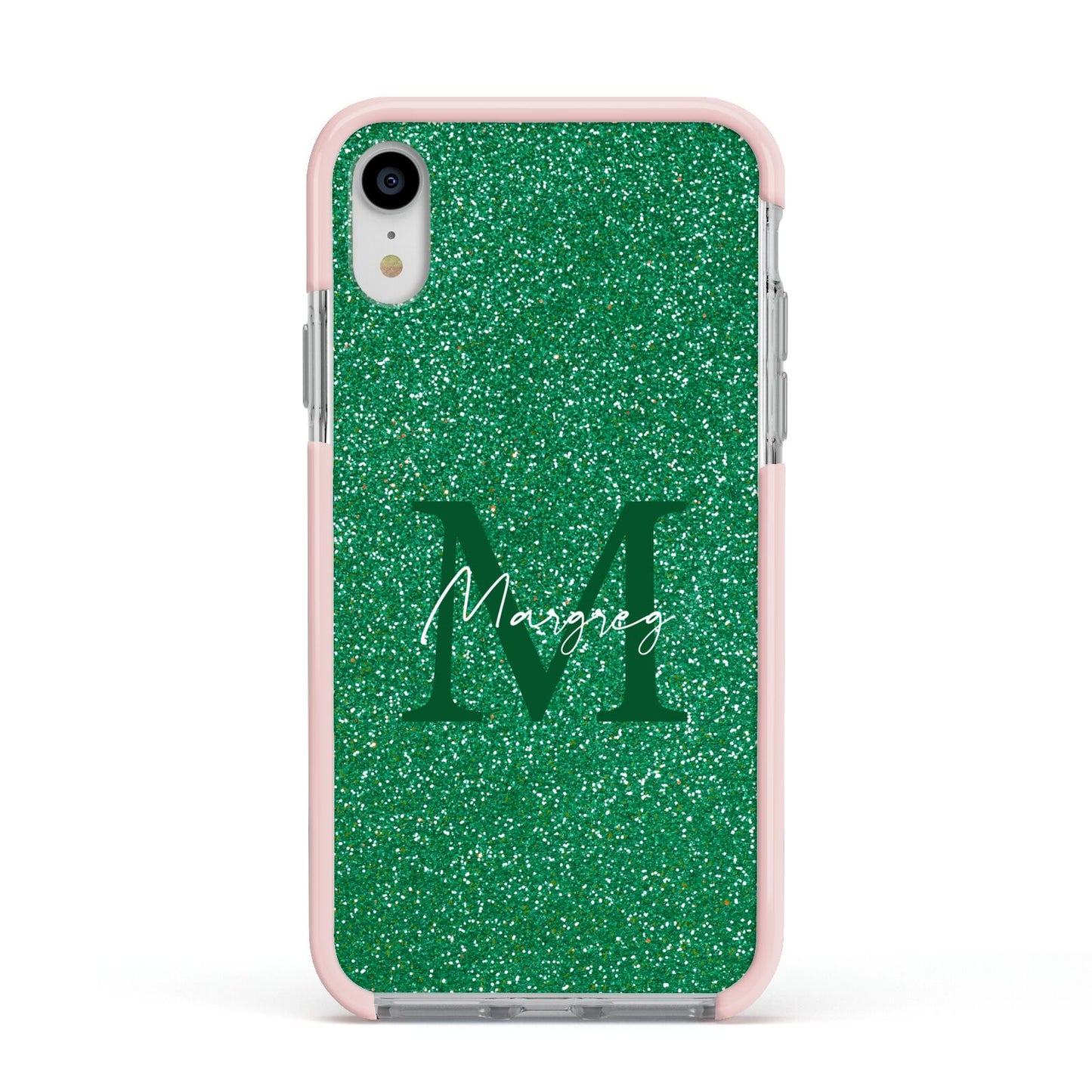 Green Monogram Apple iPhone XR Impact Case Pink Edge on Silver Phone