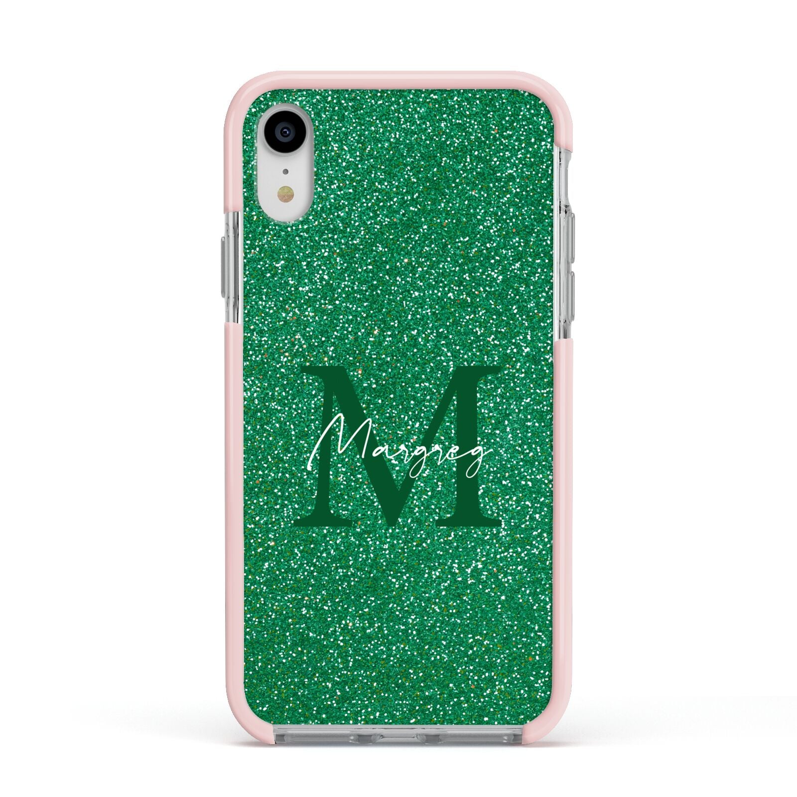 Green Monogram Apple iPhone XR Impact Case Pink Edge on Silver Phone