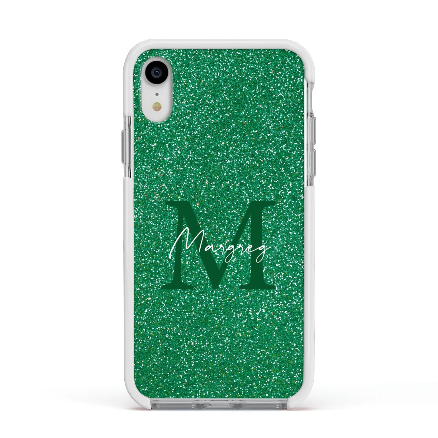 Green Monogram Apple iPhone XR Impact Case White Edge on Silver Phone