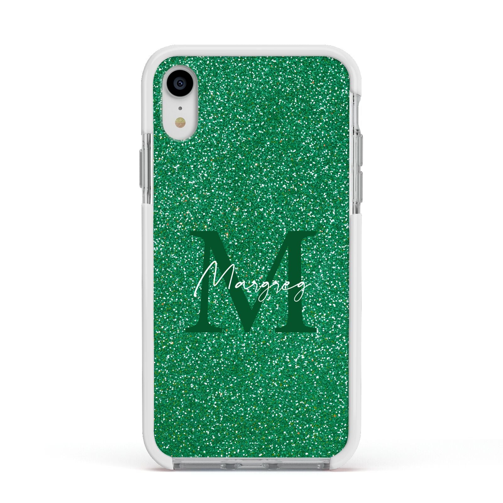 Green Monogram Apple iPhone XR Impact Case White Edge on Silver Phone