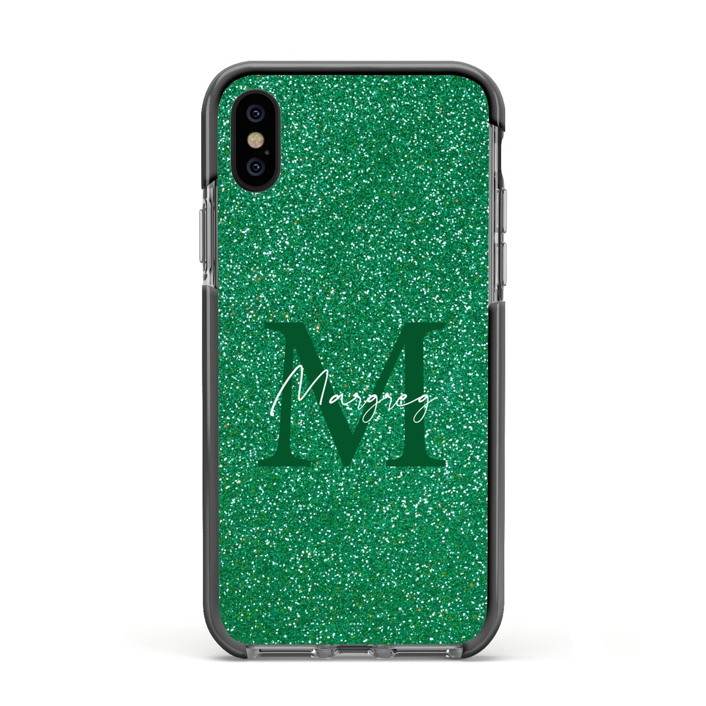 Green Monogram Apple iPhone Xs Impact Case Black Edge on Black Phone
