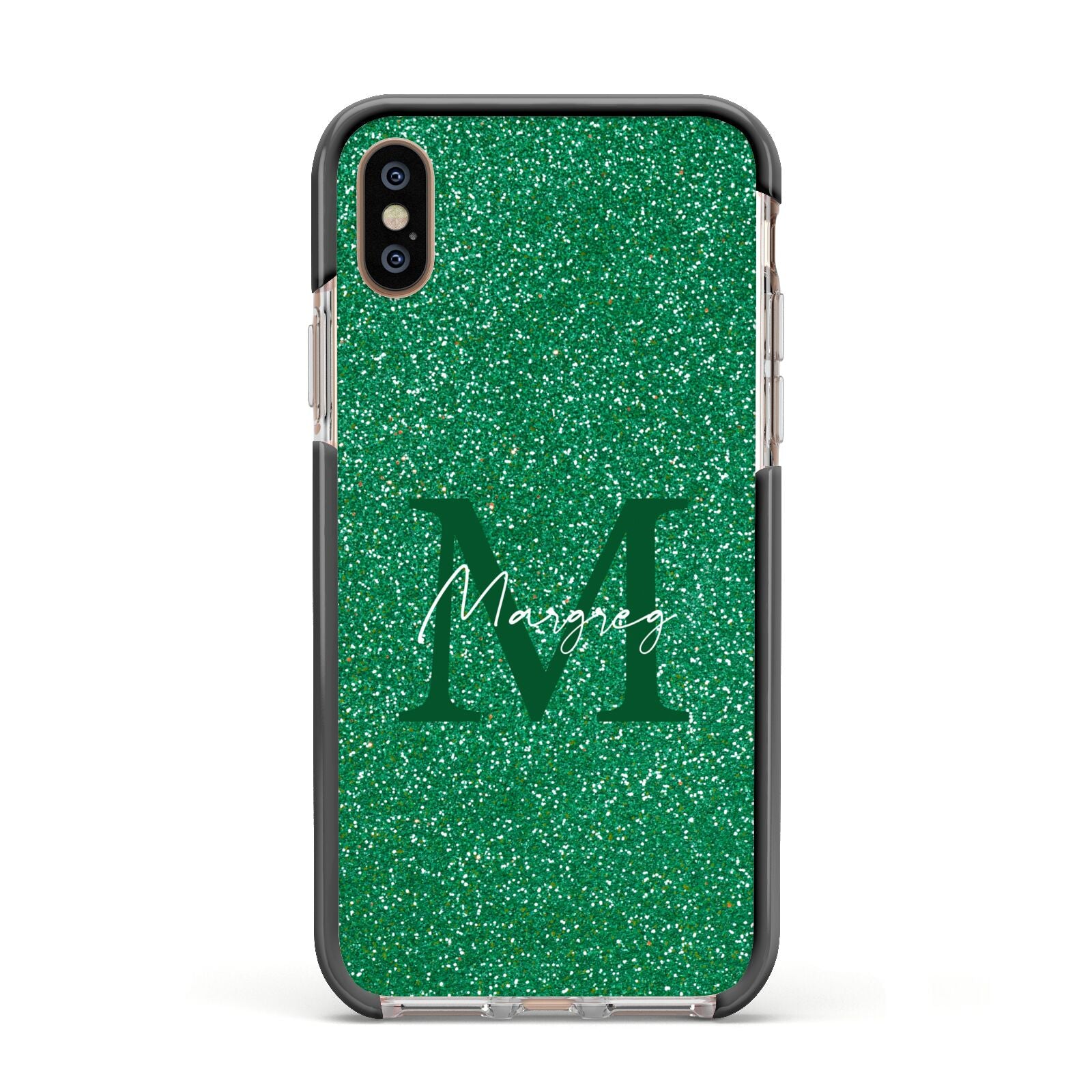 Green Monogram Apple iPhone Xs Impact Case Black Edge on Gold Phone