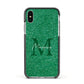 Green Monogram Apple iPhone Xs Impact Case Black Edge on Silver Phone