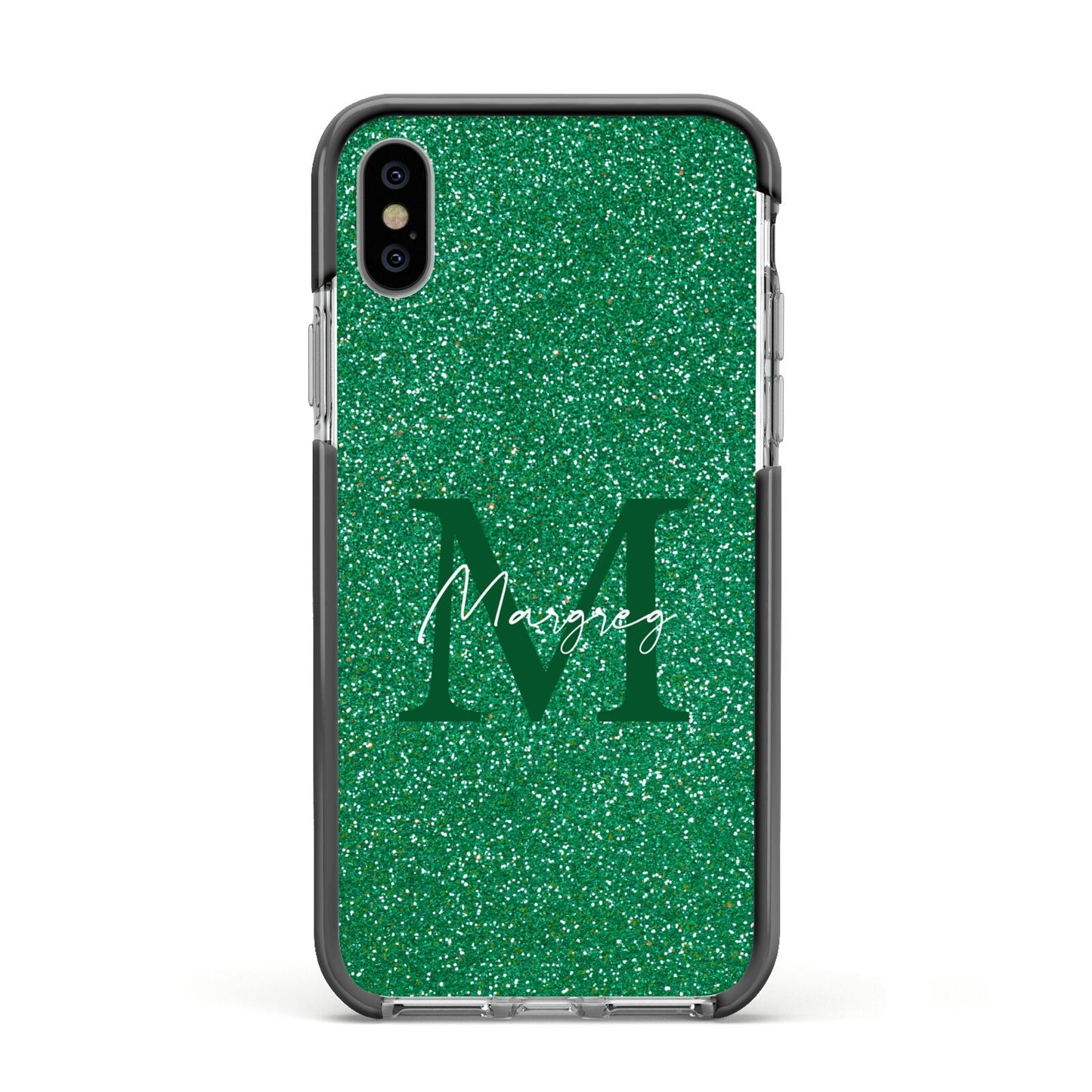 Green Monogram Apple iPhone Xs Impact Case Black Edge on Silver Phone