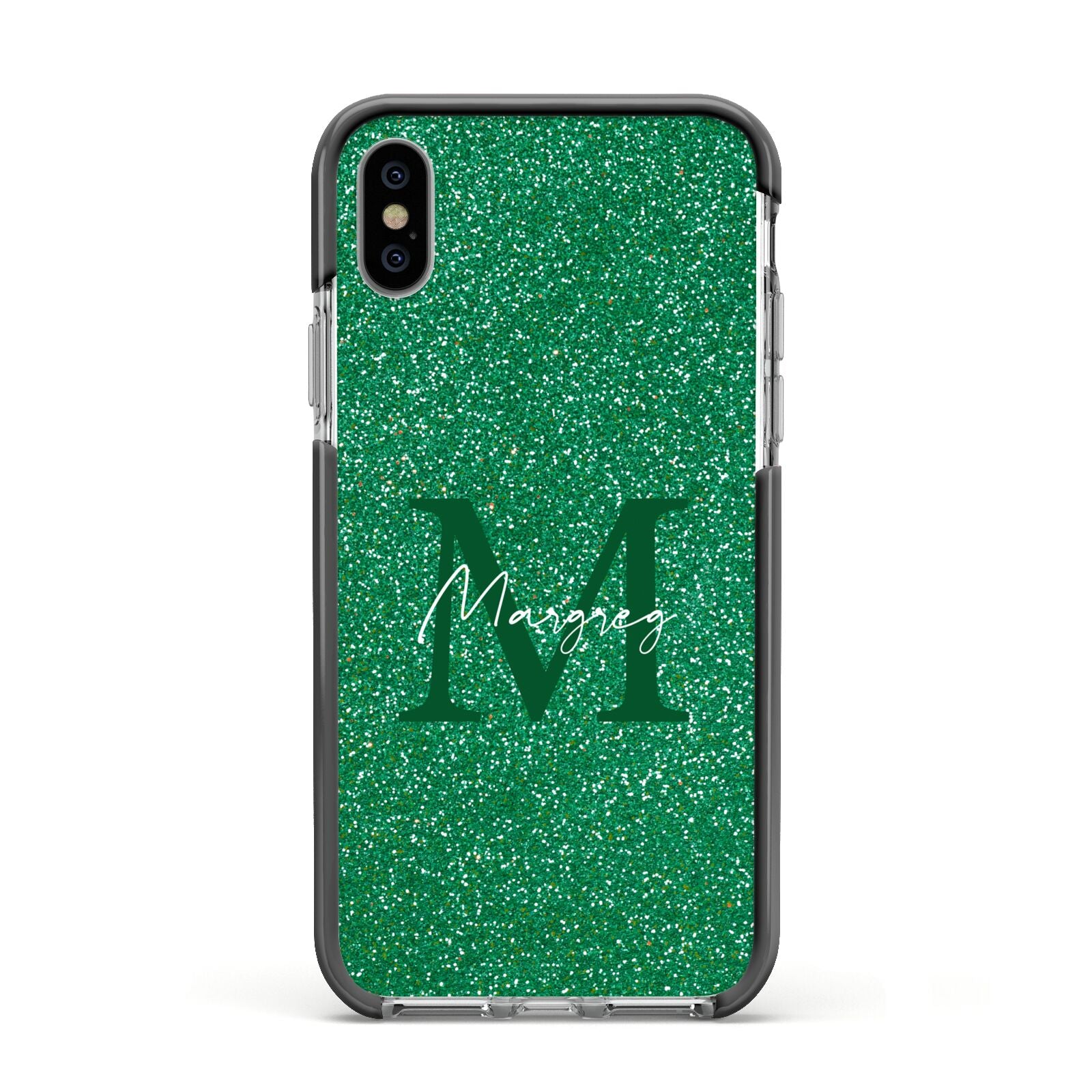 Green Monogram Apple iPhone Xs Impact Case Black Edge on Silver Phone