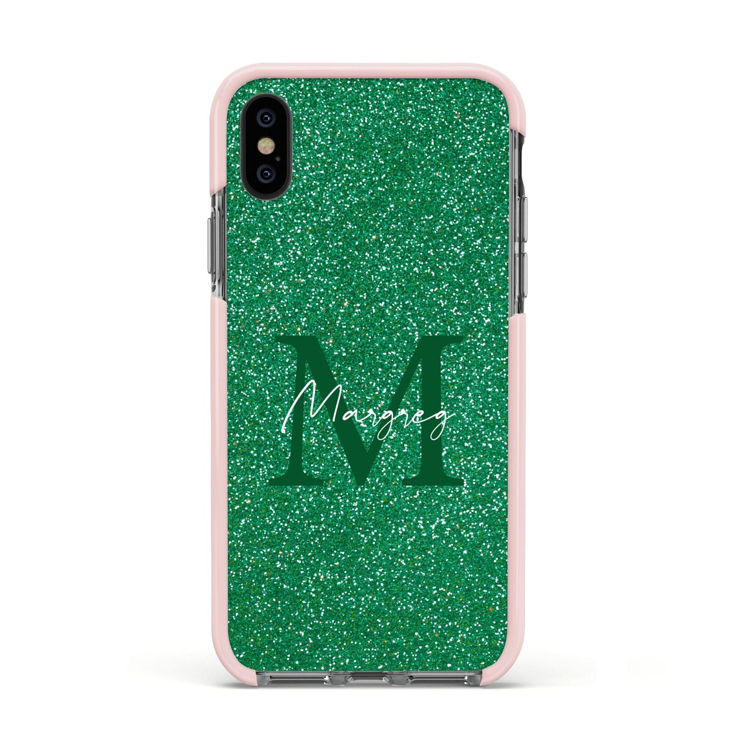 Green Monogram Apple iPhone Xs Impact Case Pink Edge on Black Phone