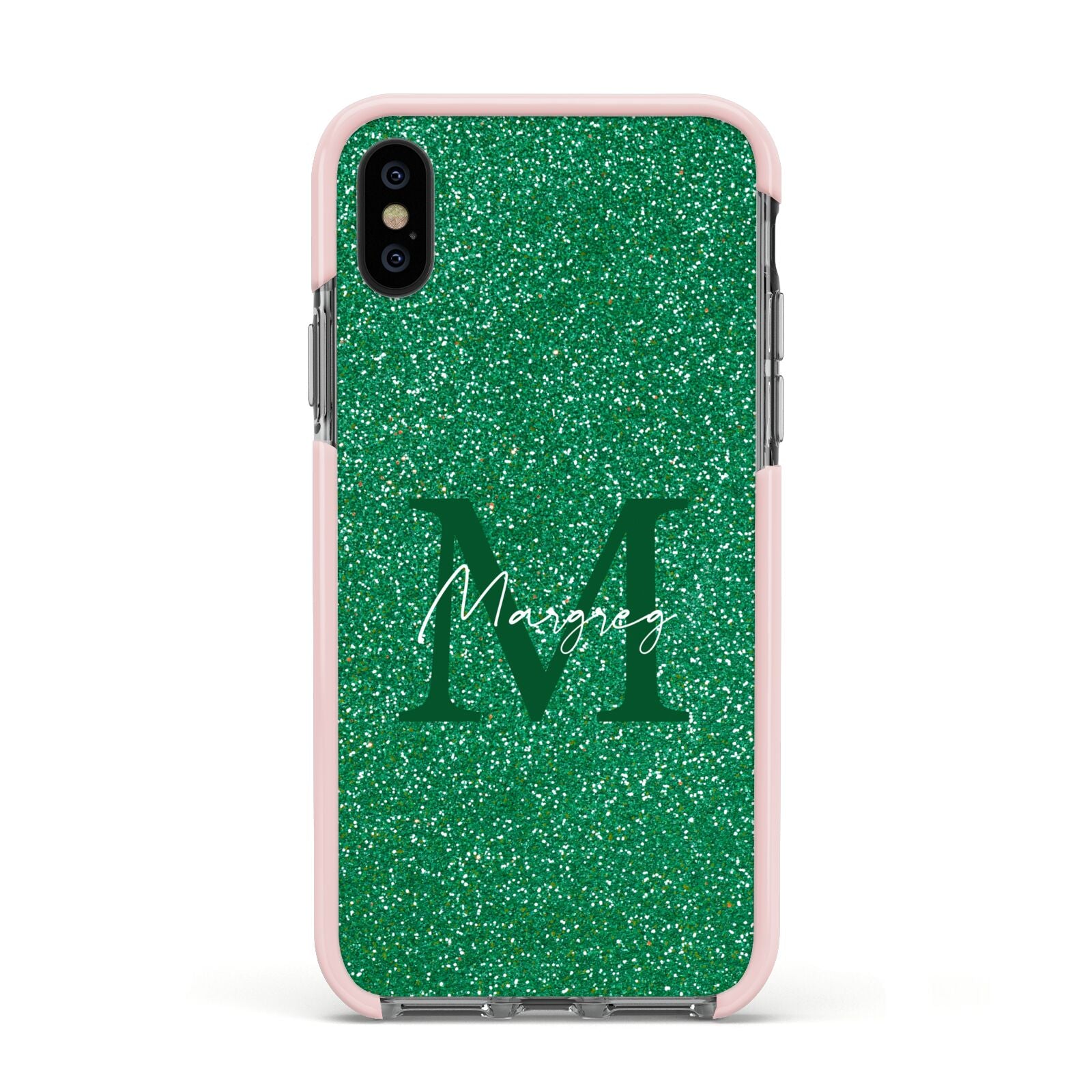 Green Monogram Apple iPhone Xs Impact Case Pink Edge on Black Phone