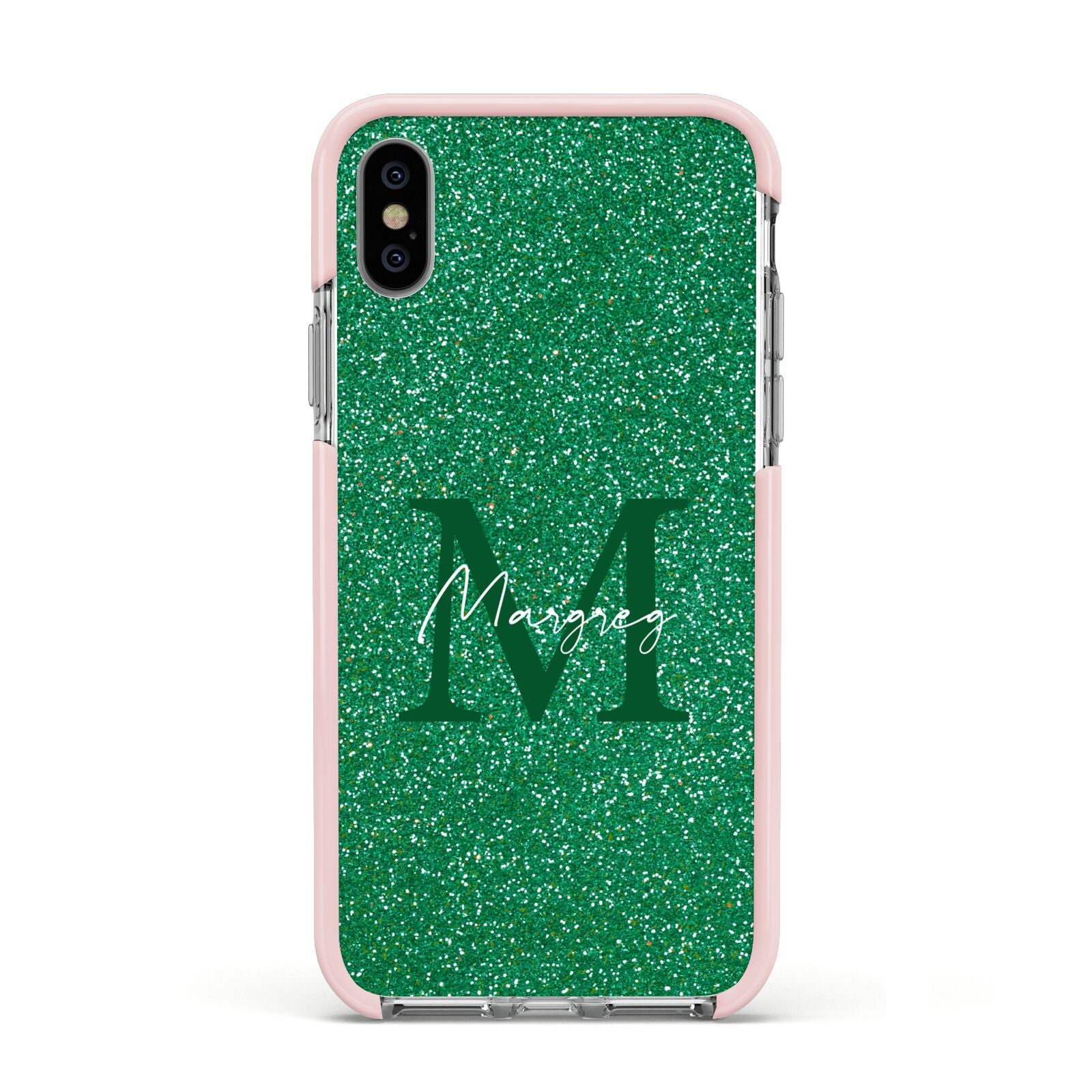 Green Monogram Apple iPhone Xs Impact Case Pink Edge on Silver Phone