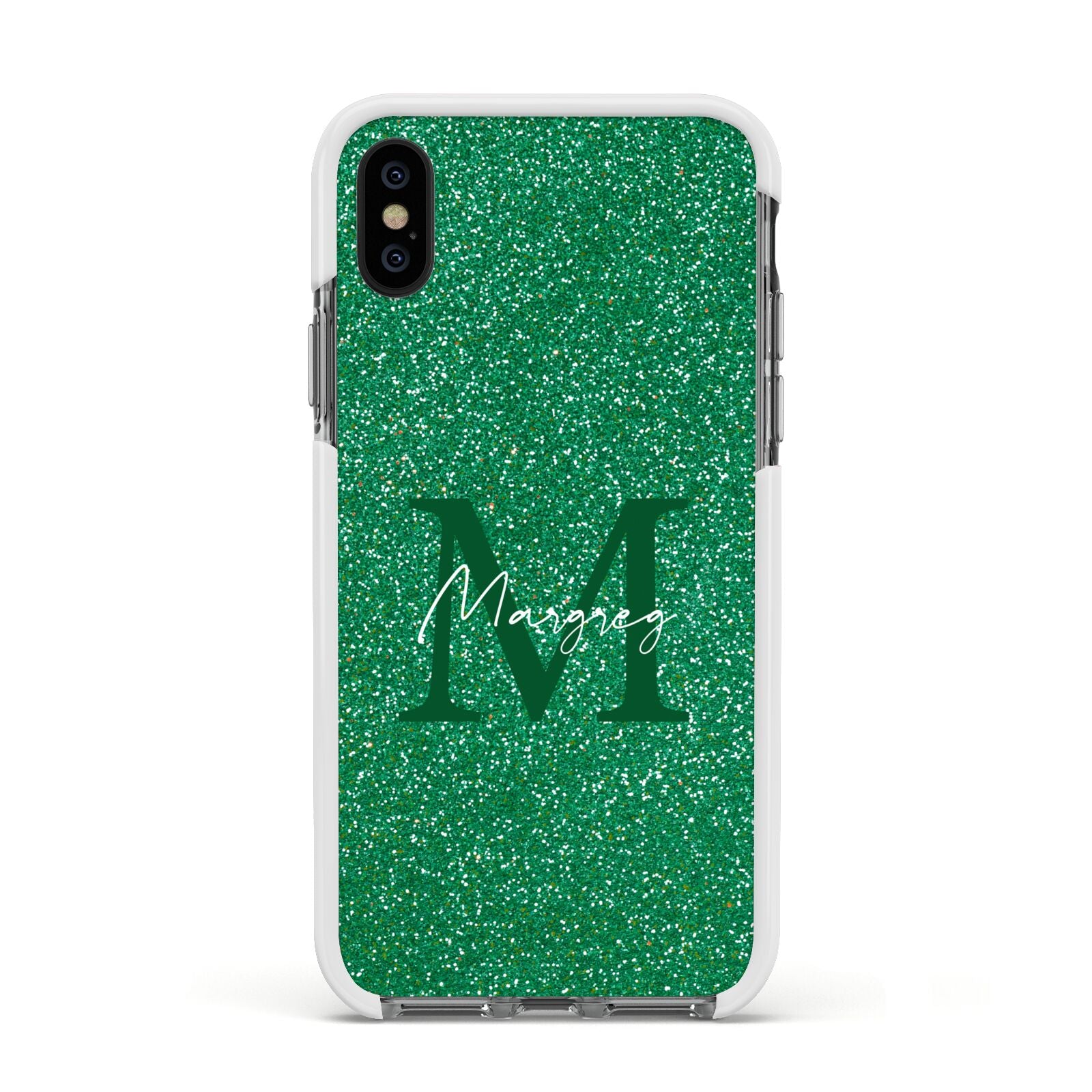 Green Monogram Apple iPhone Xs Impact Case White Edge on Black Phone