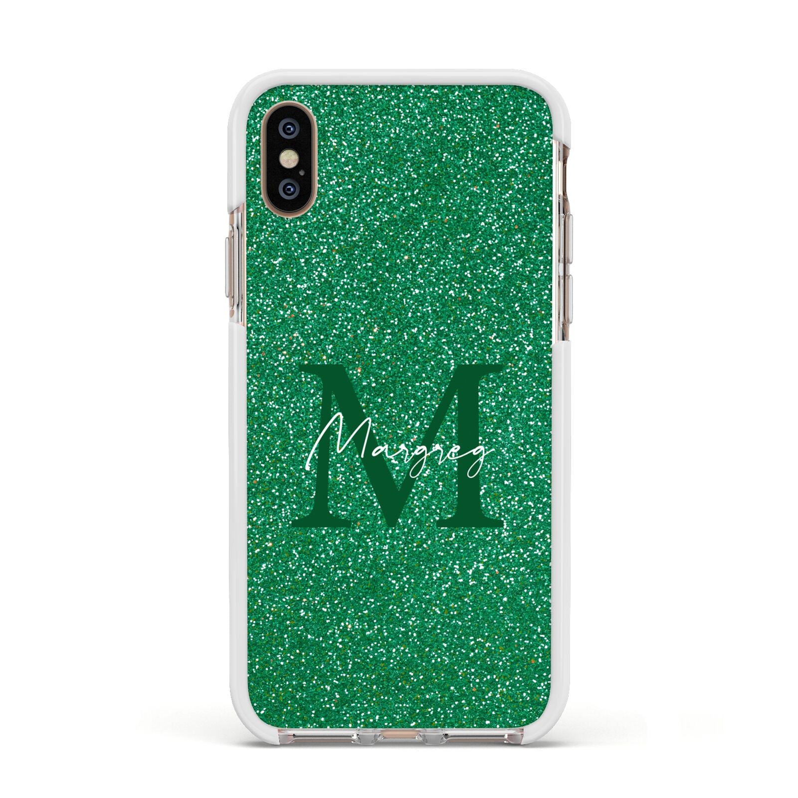 Green Monogram Apple iPhone Xs Impact Case White Edge on Gold Phone