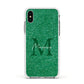 Green Monogram Apple iPhone Xs Impact Case White Edge on Silver Phone