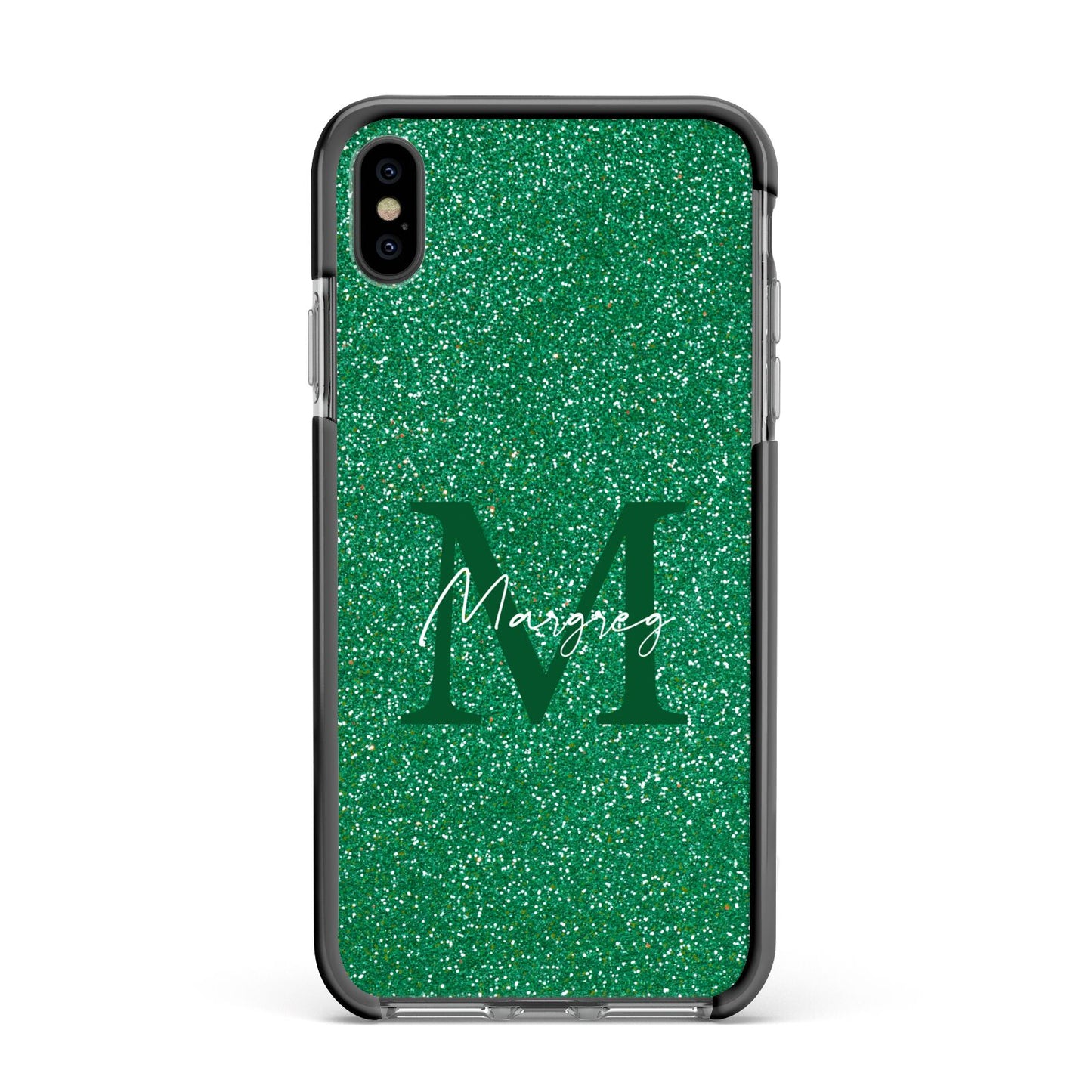 Green Monogram Apple iPhone Xs Max Impact Case Black Edge on Black Phone