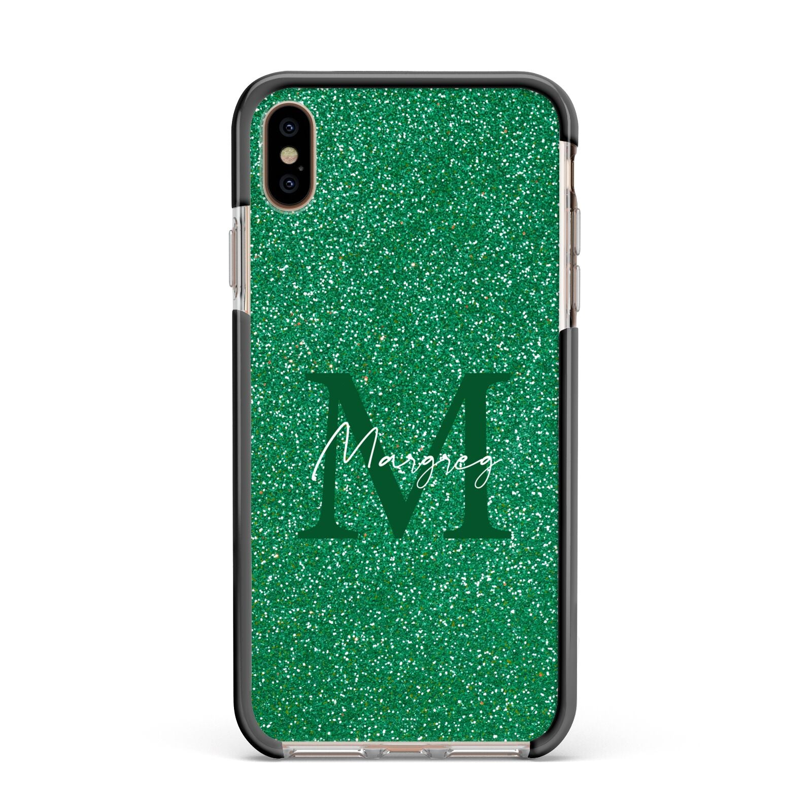 Green Monogram Apple iPhone Xs Max Impact Case Black Edge on Gold Phone