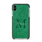 Green Monogram Apple iPhone Xs Max Impact Case Black Edge on Silver Phone