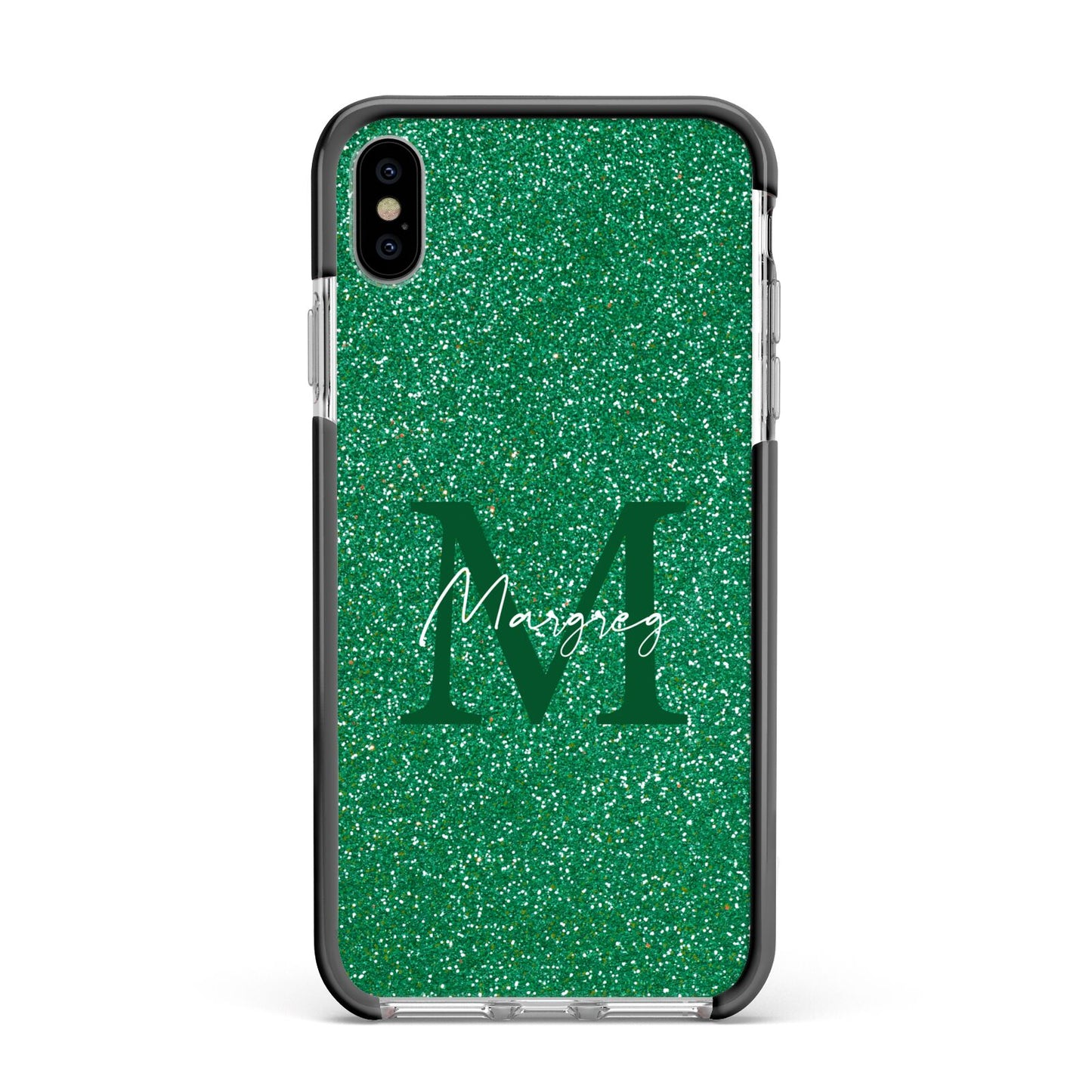 Green Monogram Apple iPhone Xs Max Impact Case Black Edge on Silver Phone