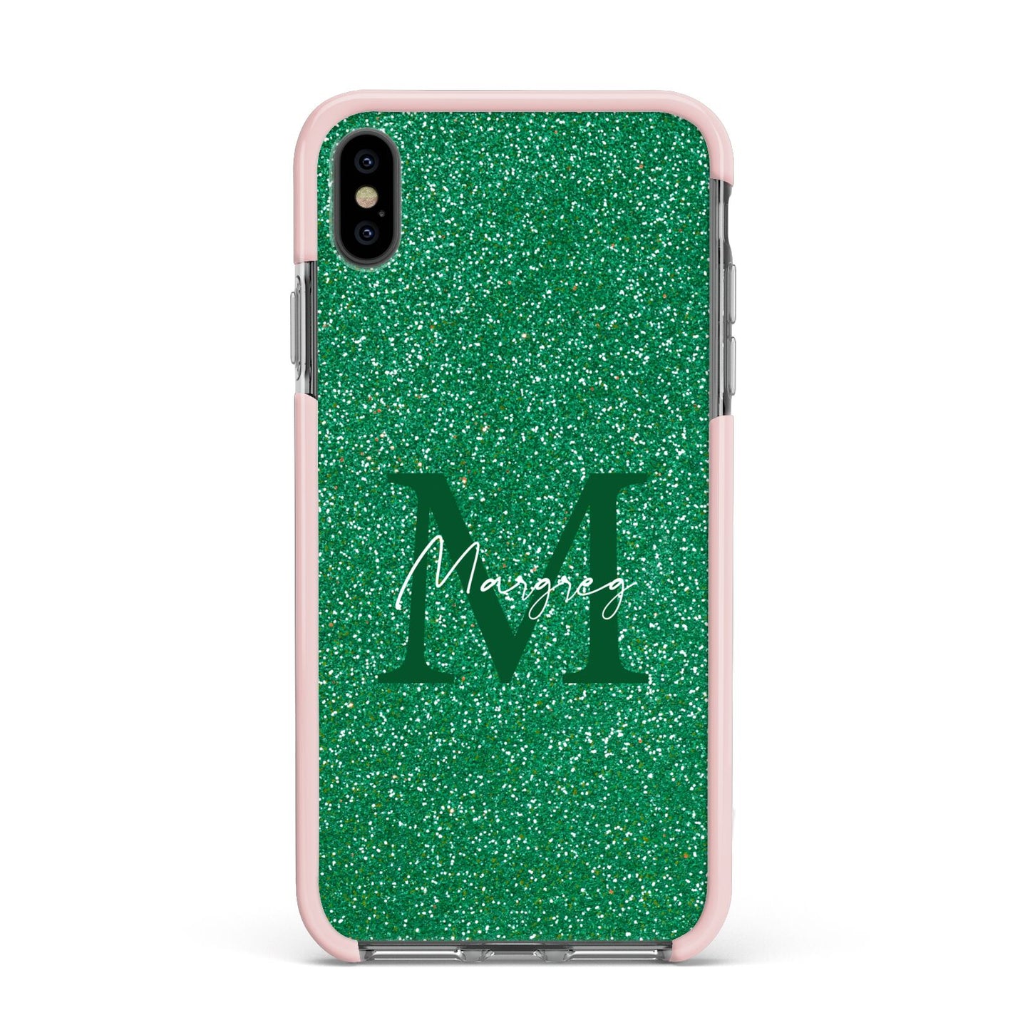 Green Monogram Apple iPhone Xs Max Impact Case Pink Edge on Black Phone