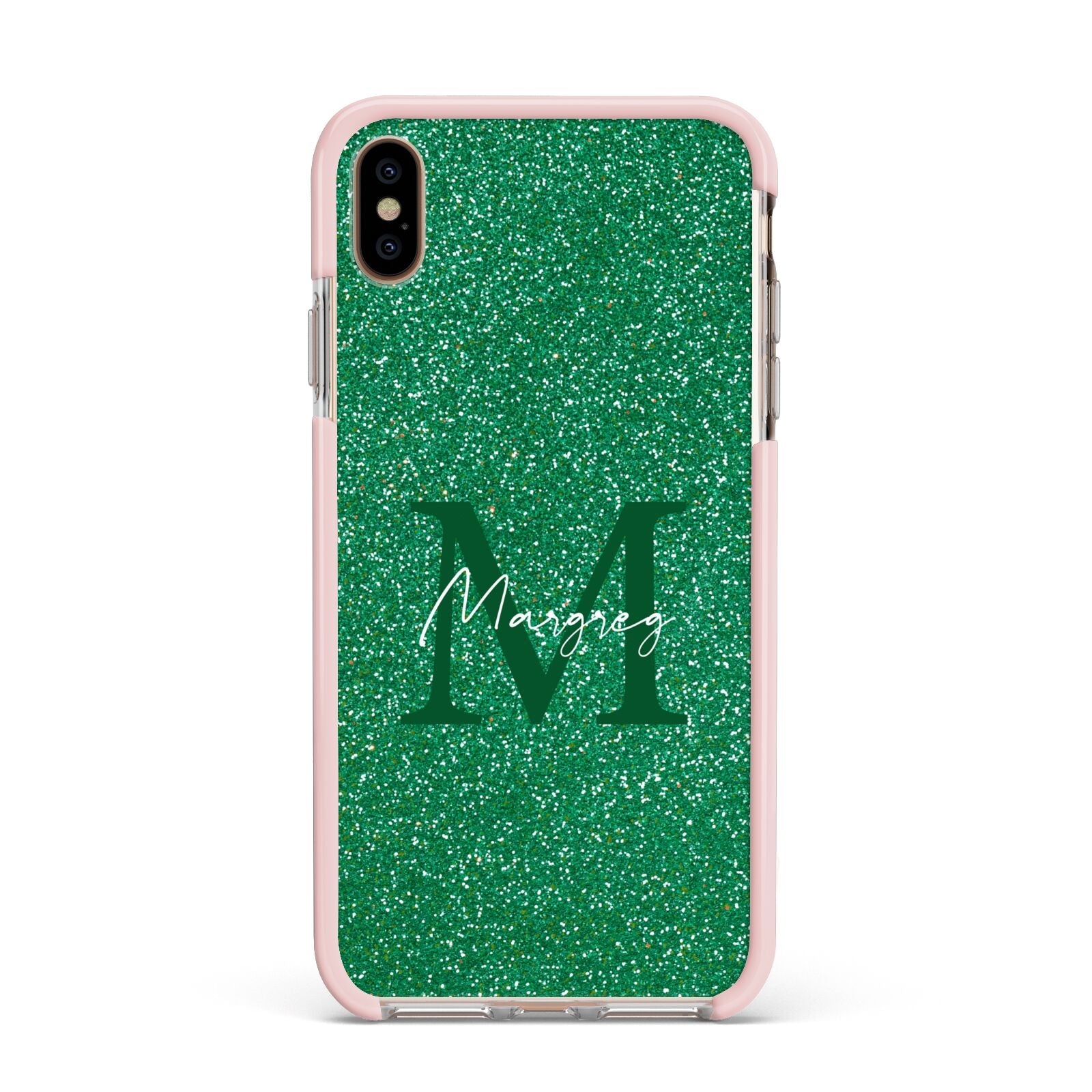 Green Monogram Apple iPhone Xs Max Impact Case Pink Edge on Gold Phone