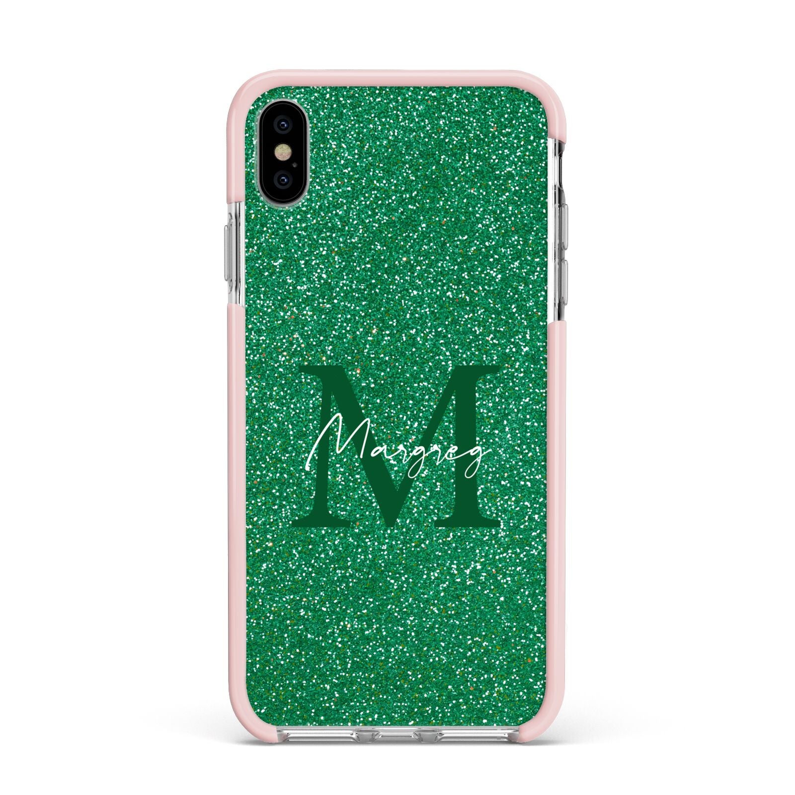 Green Monogram Apple iPhone Xs Max Impact Case Pink Edge on Silver Phone