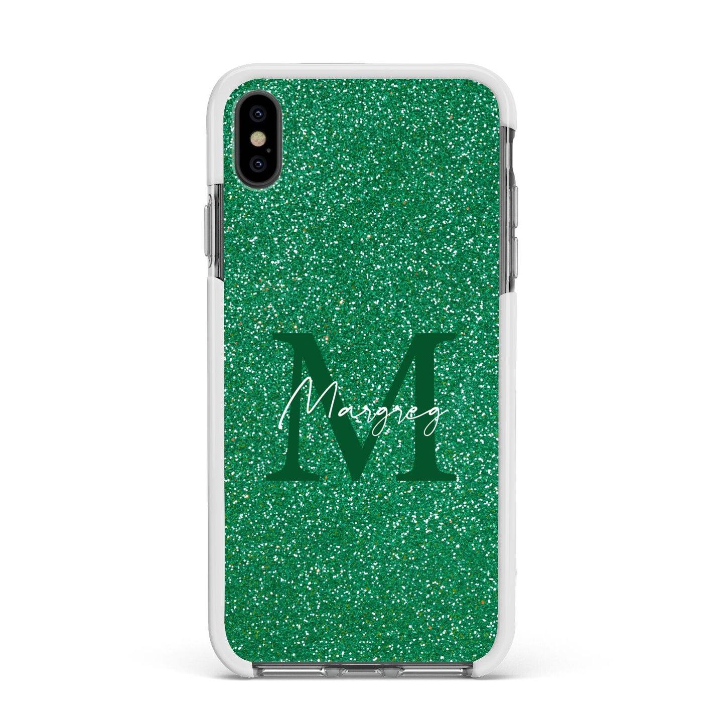 Green Monogram Apple iPhone Xs Max Impact Case White Edge on Black Phone