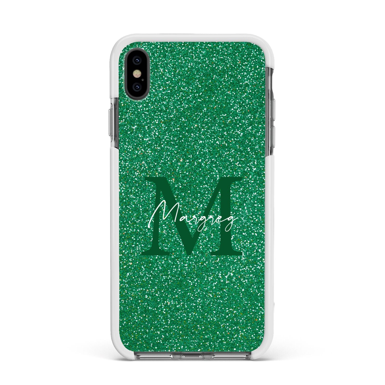Green Monogram Apple iPhone Xs Max Impact Case White Edge on Black Phone