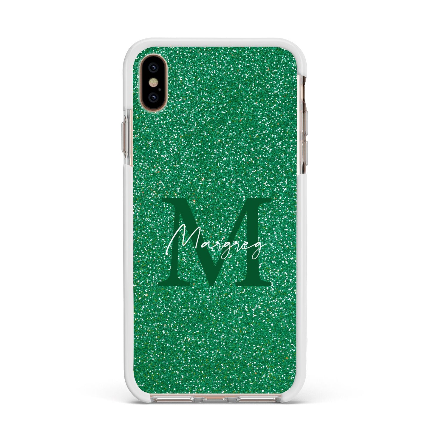 Green Monogram Apple iPhone Xs Max Impact Case White Edge on Gold Phone