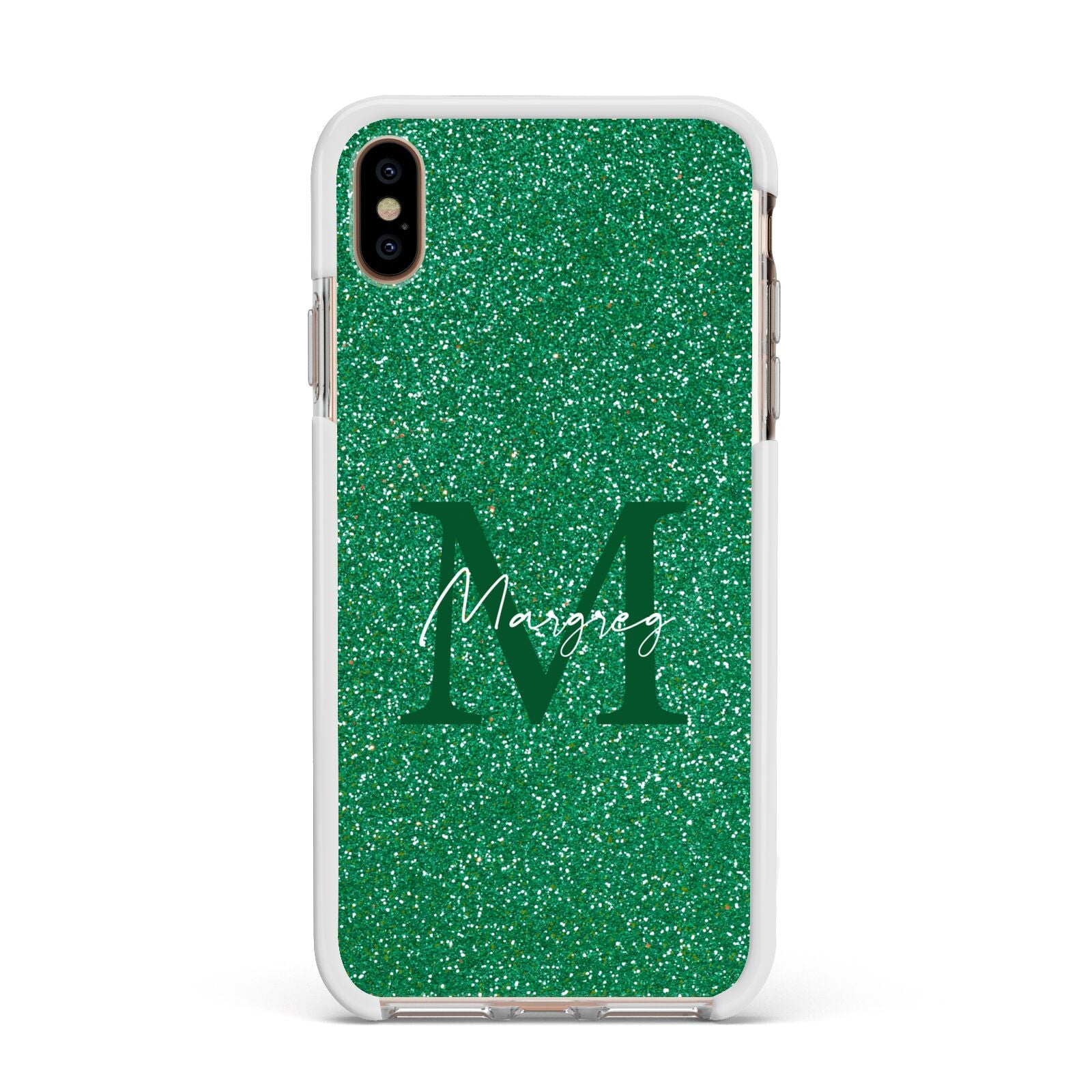 Green Monogram Apple iPhone Xs Max Impact Case White Edge on Gold Phone