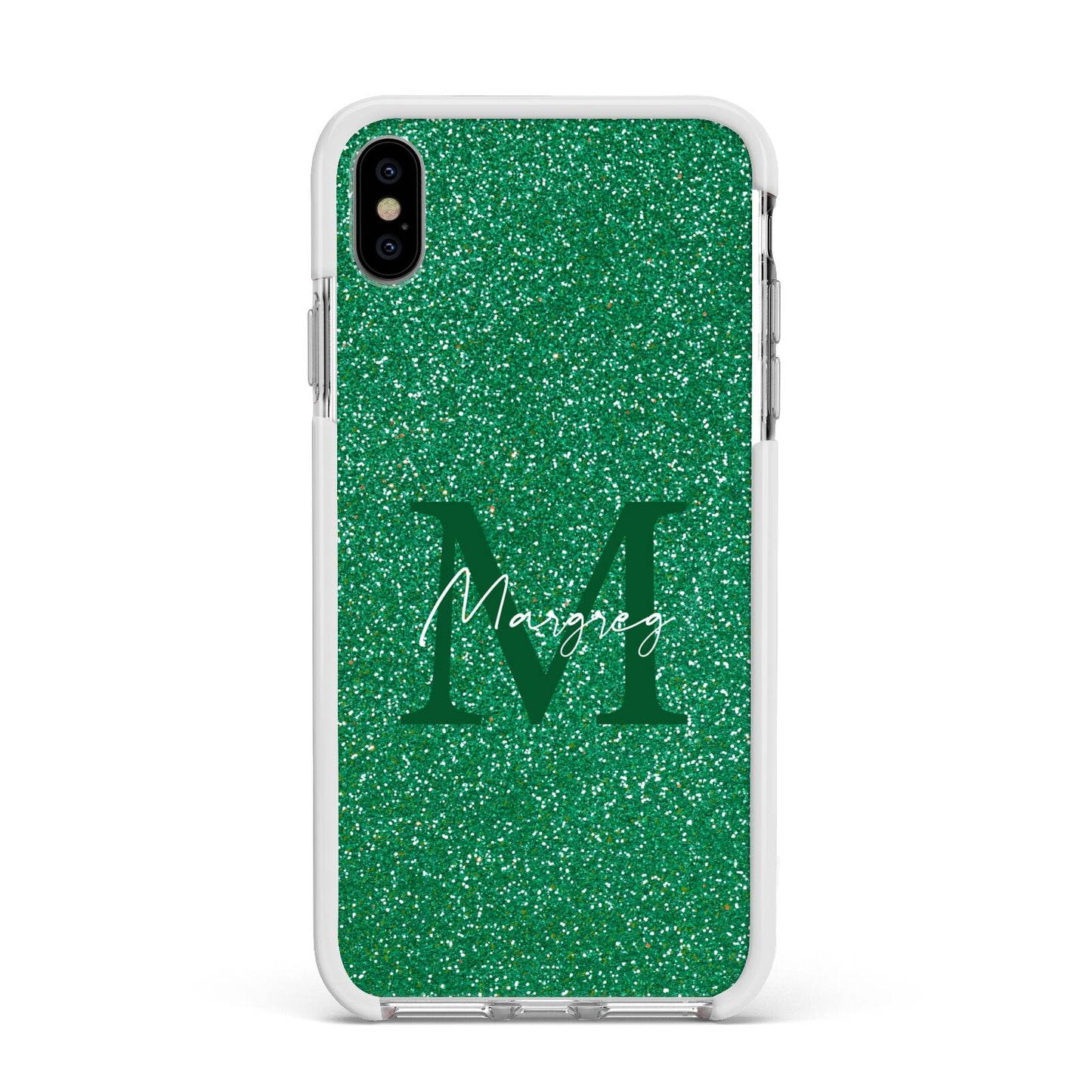 Green Monogram Apple iPhone Xs Max Impact Case White Edge on Silver Phone