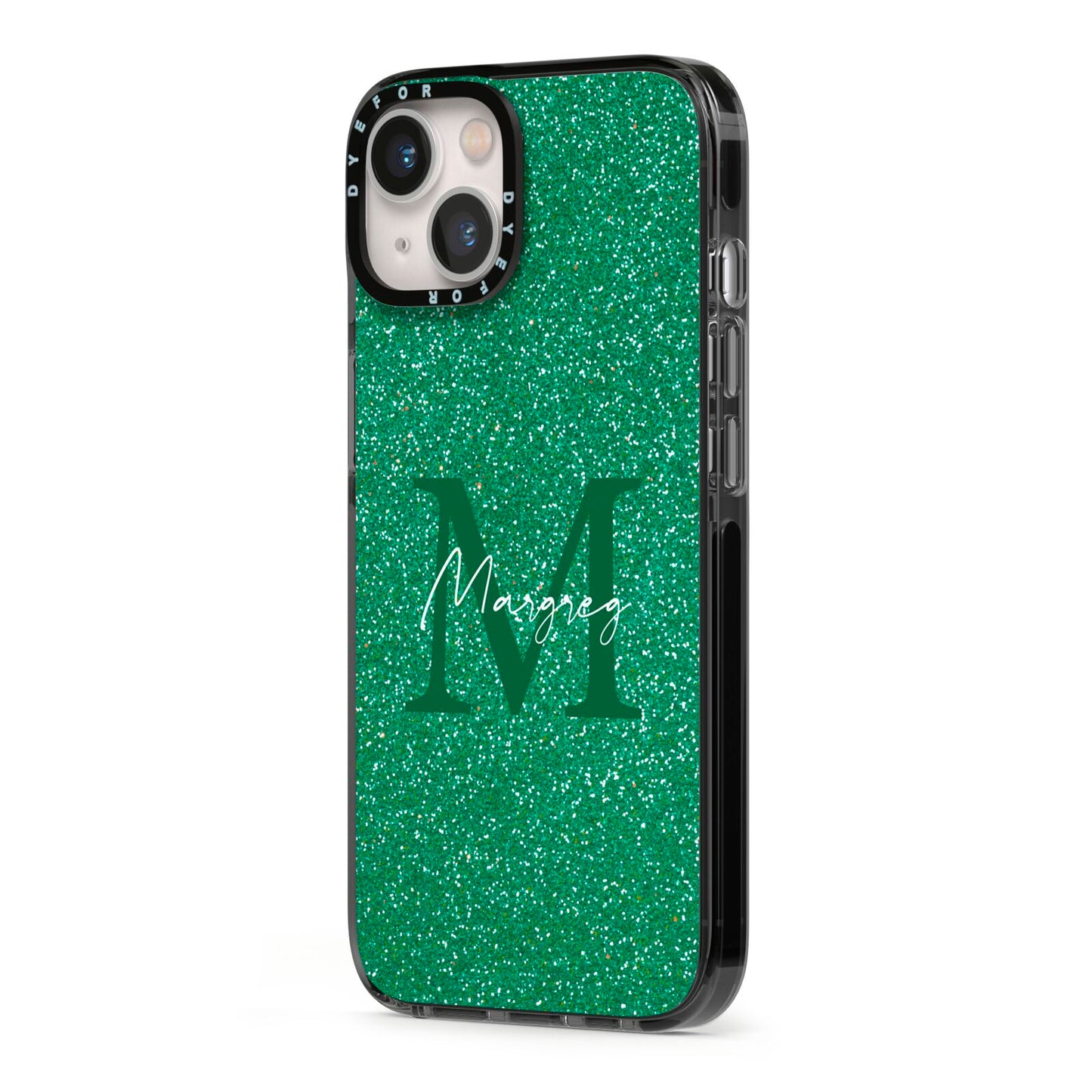 Green Monogram iPhone 13 Black Impact Case Side Angle on Silver phone