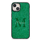 Green Monogram iPhone 13 Black Impact Case on Silver phone