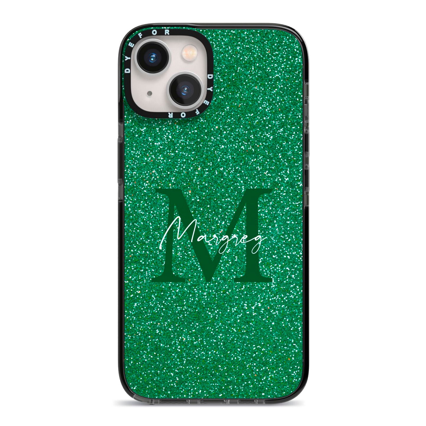 Green Monogram iPhone 13 Black Impact Case on Silver phone