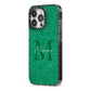 Green Monogram iPhone 13 Pro Black Impact Case Side Angle on Silver phone