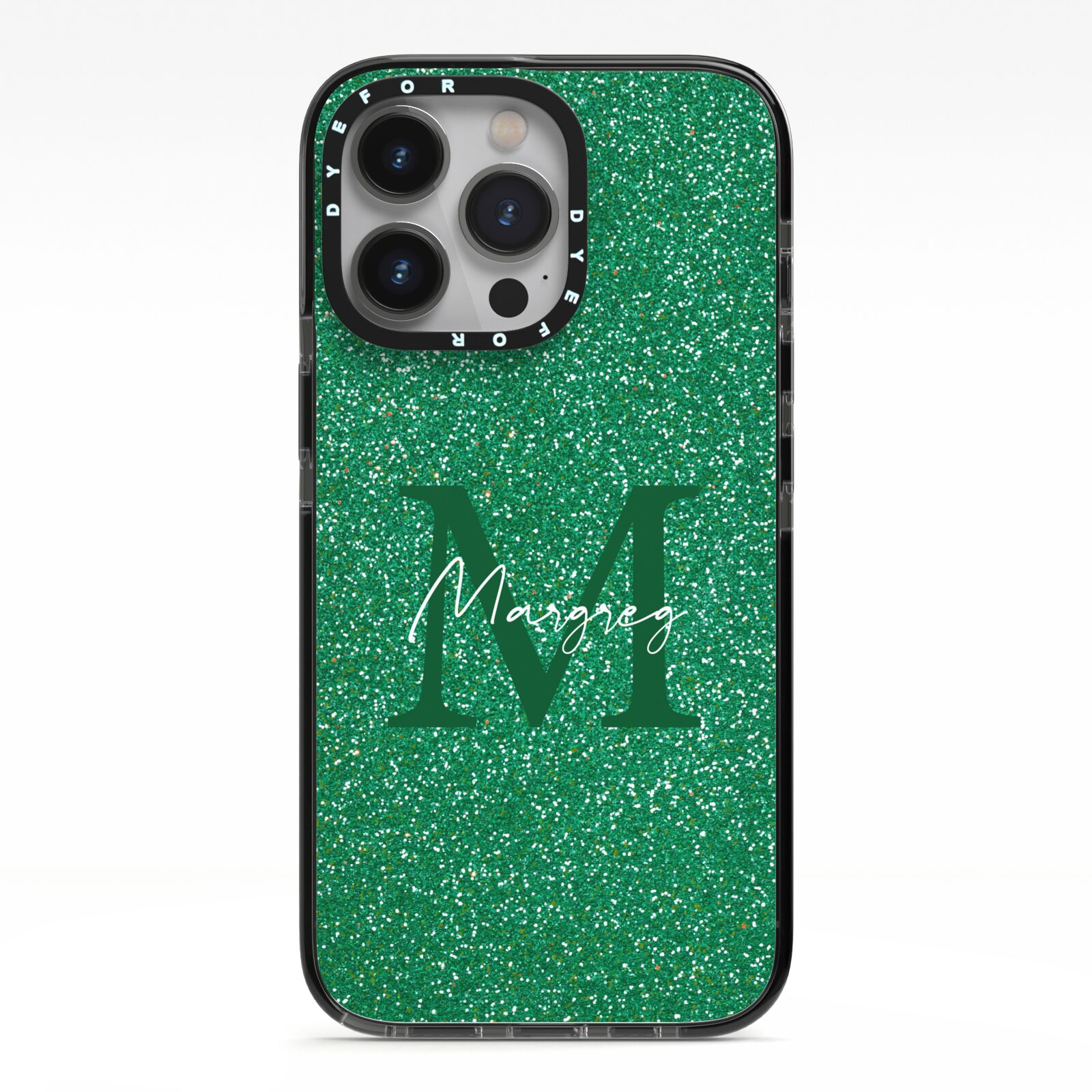 Green Monogram iPhone 13 Pro Black Impact Case on Silver phone