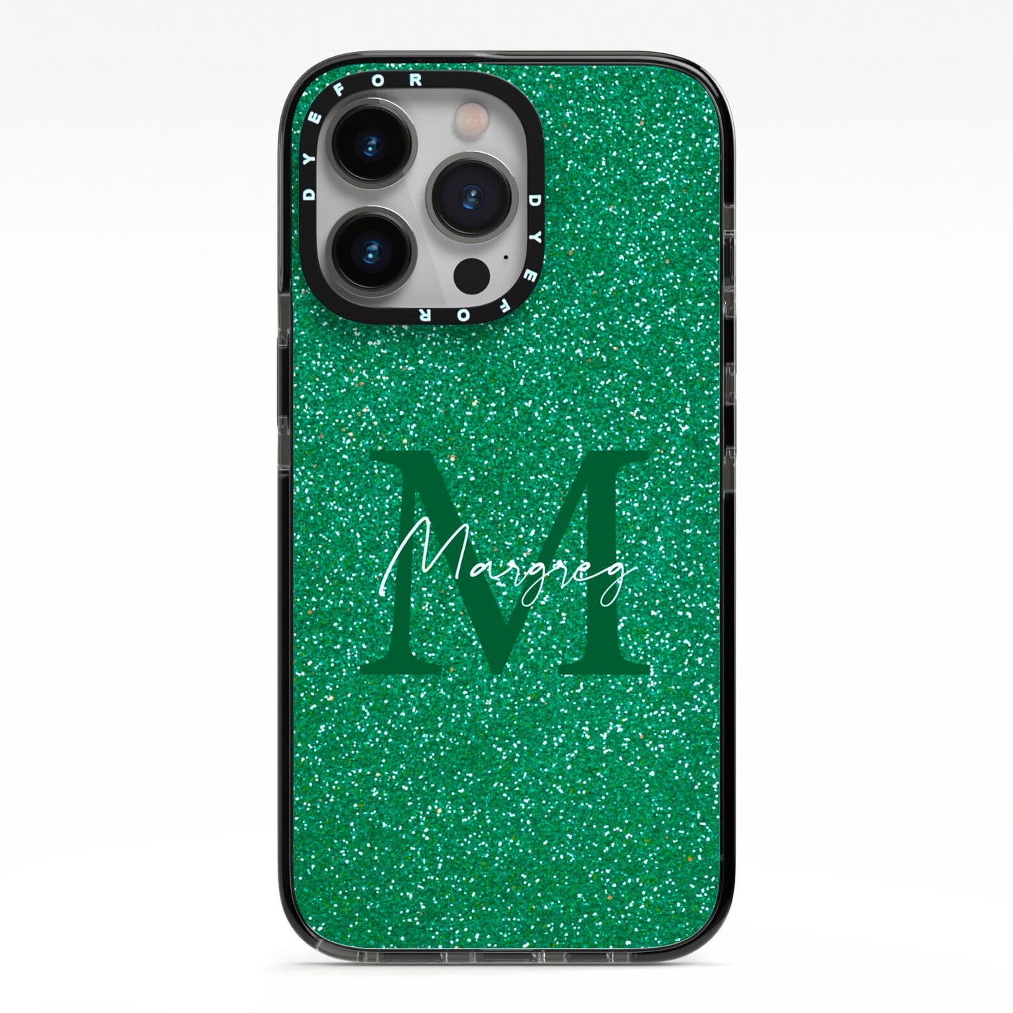 Green Monogram iPhone 13 Pro Black Impact Case on Silver phone