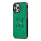 Green Monogram iPhone 13 Pro Max Black Impact Case Side Angle on Silver phone
