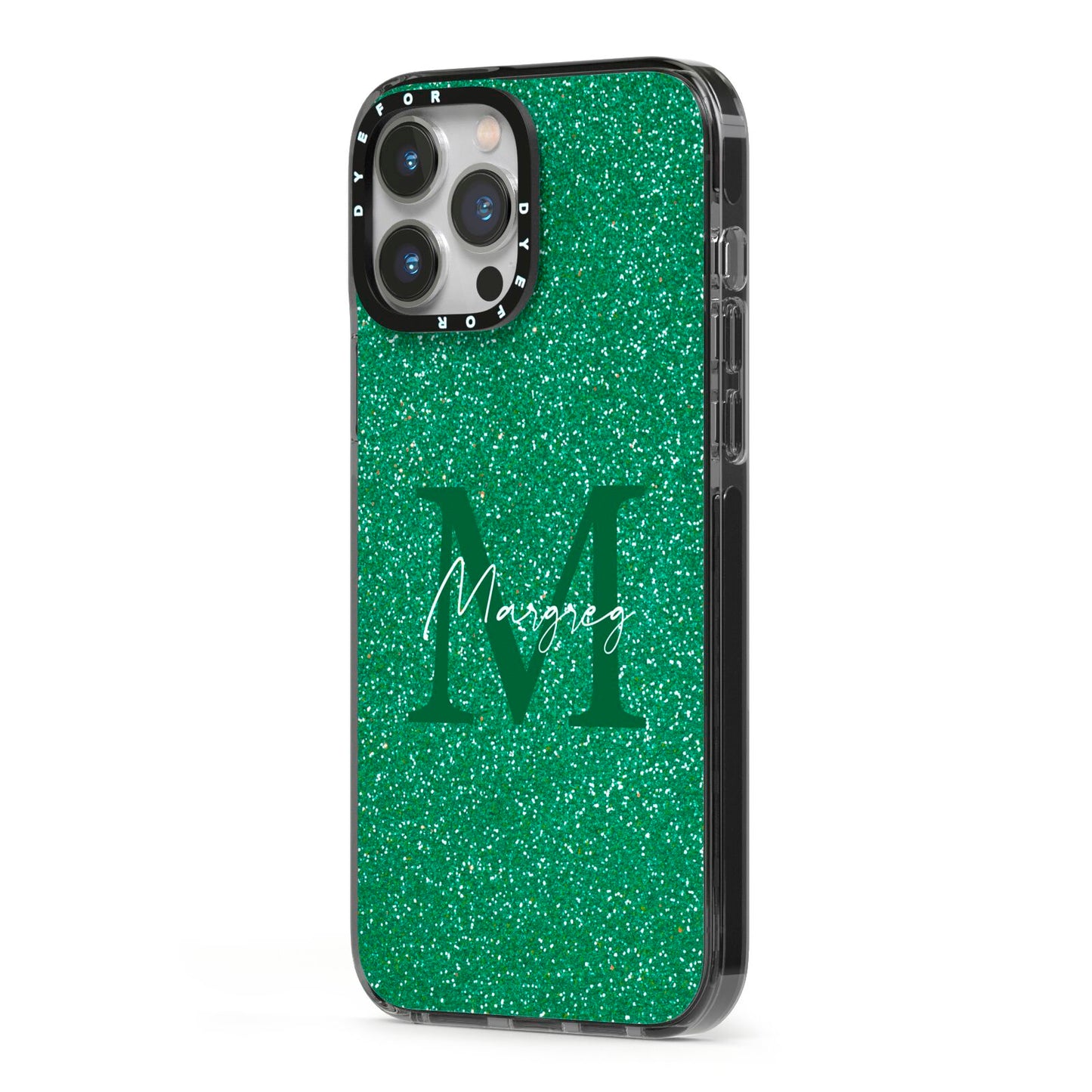 Green Monogram iPhone 13 Pro Max Black Impact Case Side Angle on Silver phone