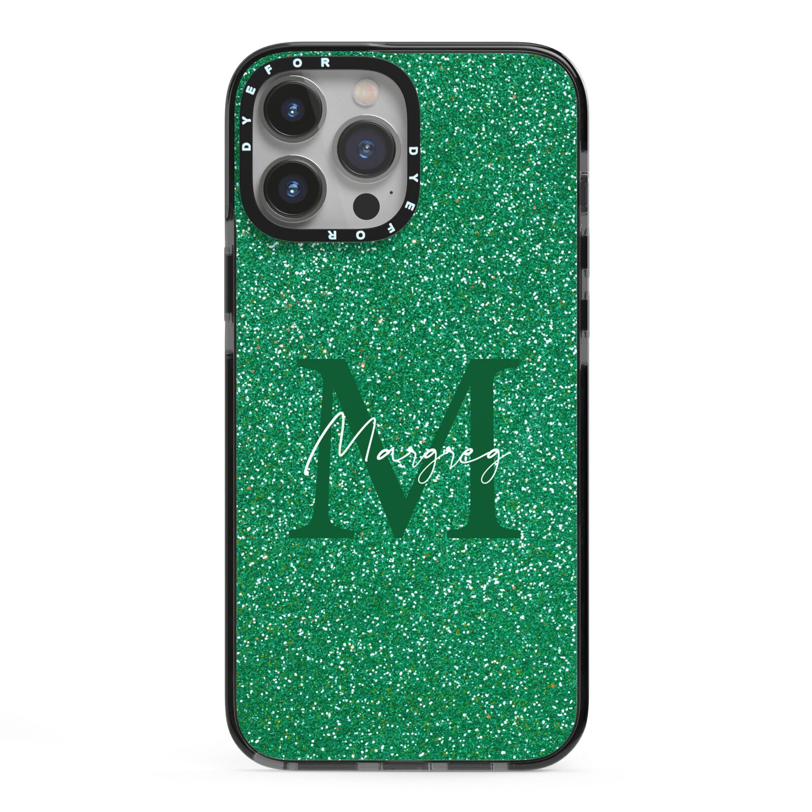 Green Monogram iPhone 13 Pro Max Black Impact Case on Silver phone