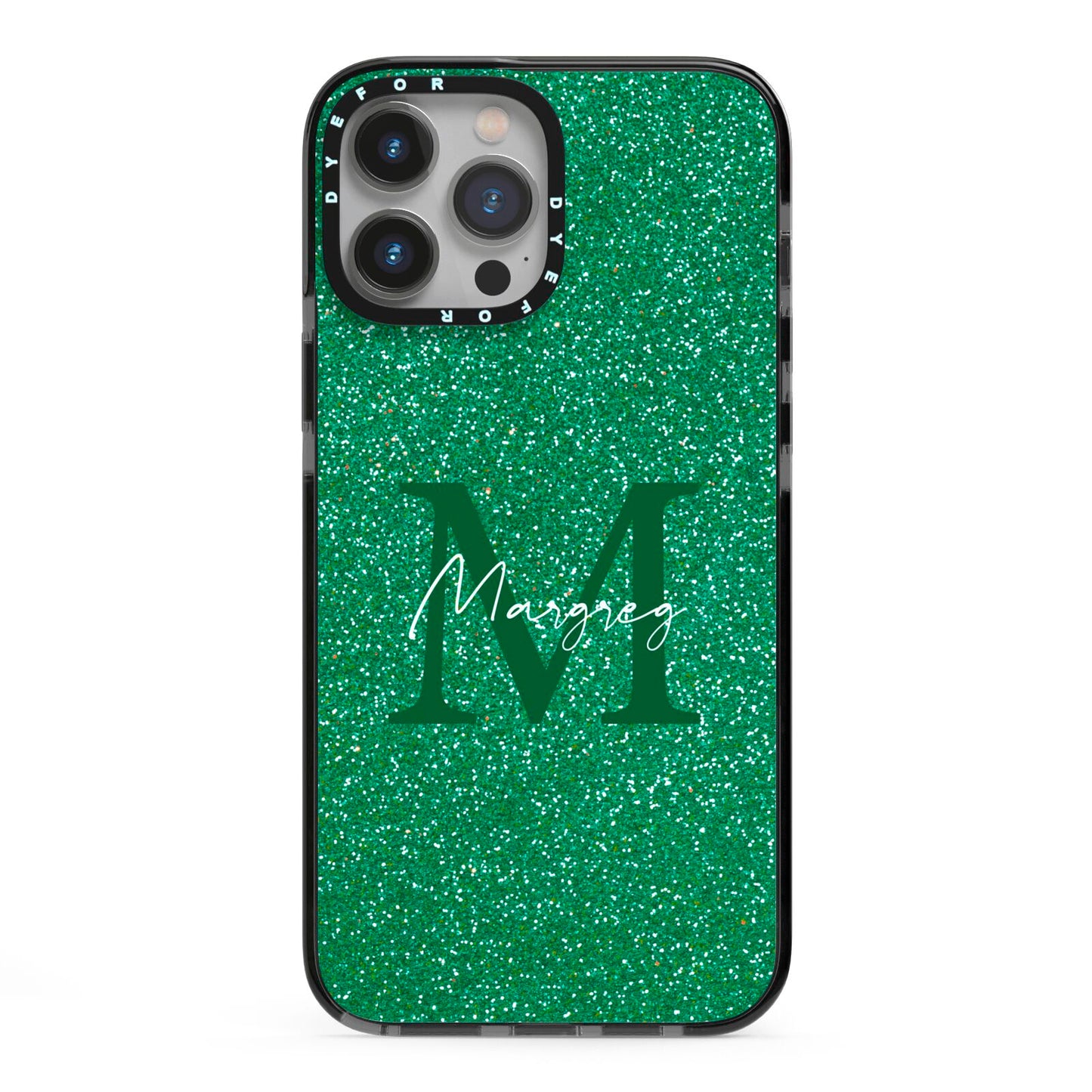 Green Monogram iPhone 13 Pro Max Black Impact Case on Silver phone