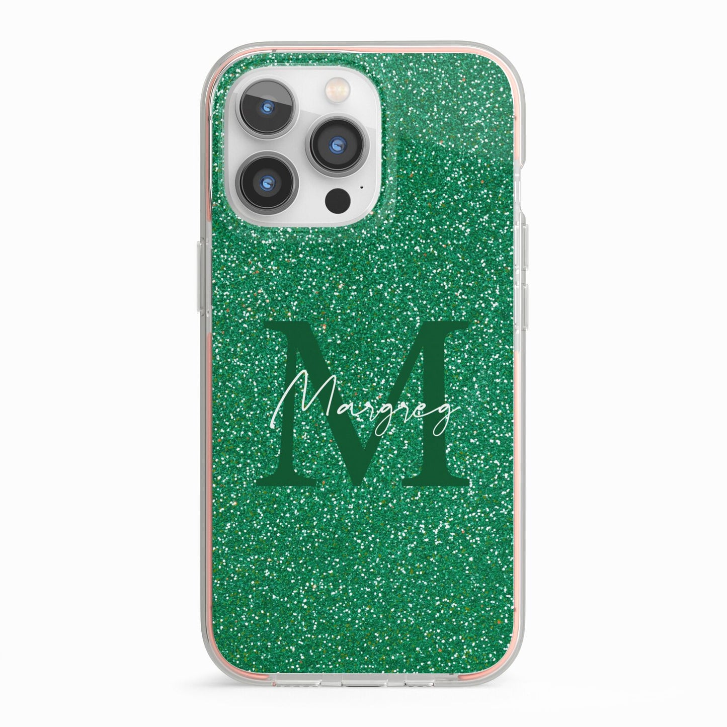 Green Monogram iPhone 13 Pro TPU Impact Case with Pink Edges