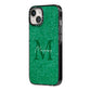 Green Monogram iPhone 14 Black Impact Case Side Angle on Silver phone